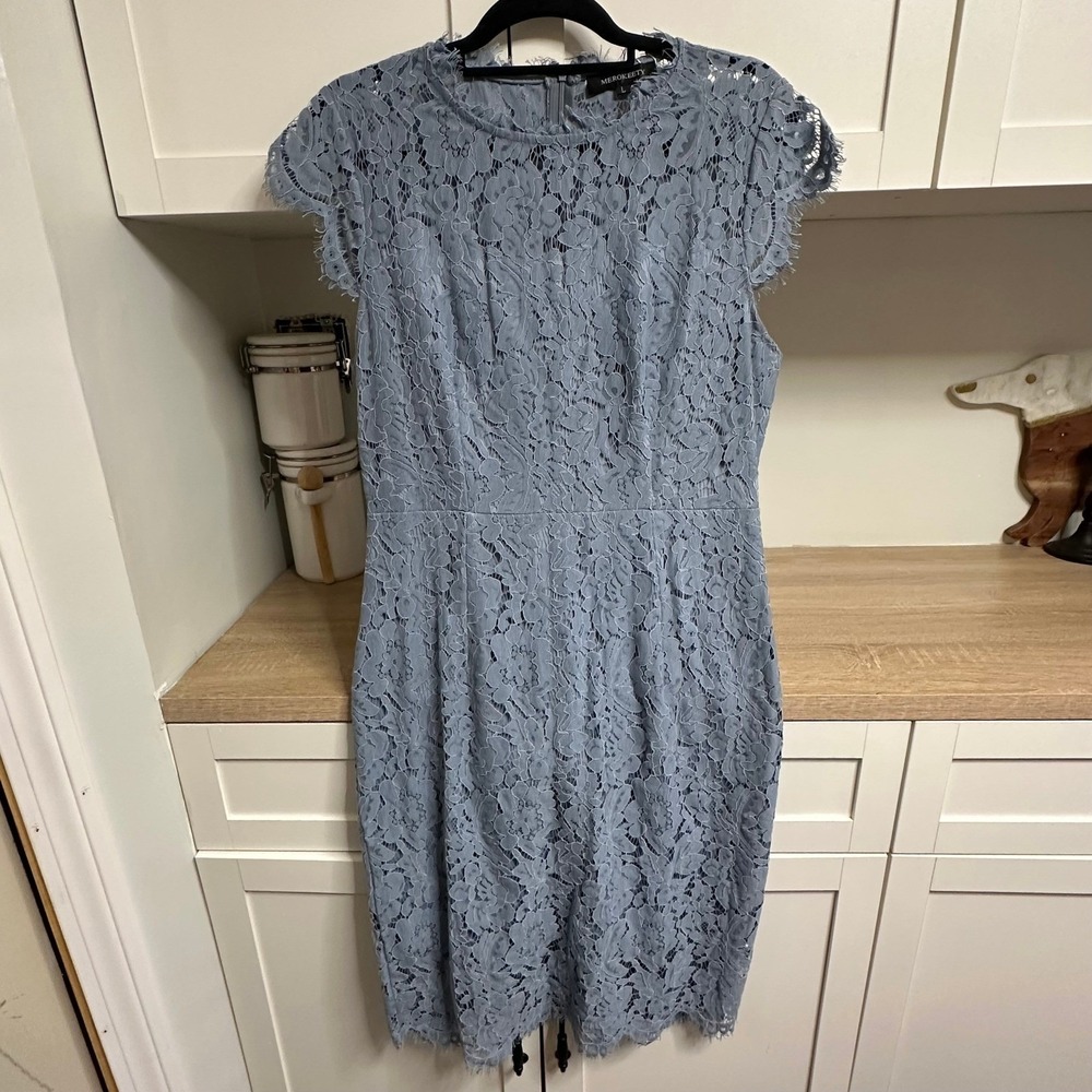 MEROKEETY Floral Lace Dress Women L Dusty Blue Short Sleeve Sheath Wedding Guest